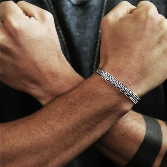 4Pcs Men's Cuff Bracelets Silver Cuff Bracelet Leaves Pattern Twisted Open Cuff - Picture 5 of 7